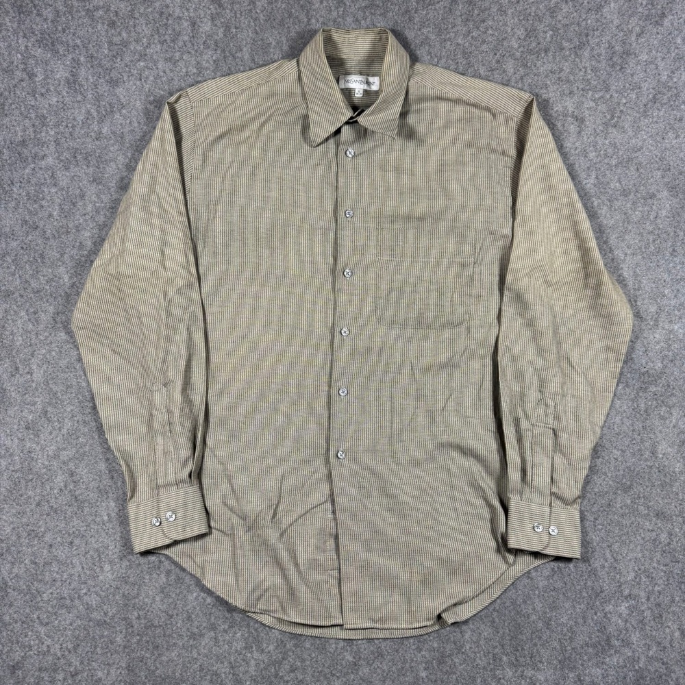 Vintage Yves Saint Laurent Shirt Mens 15 34-35 Tan Micro Check Long Sleeve 90s *